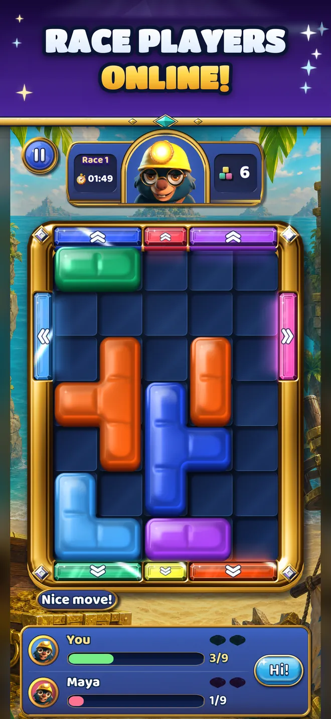 A Versus race against Maya: both players clear the same level from the same start.
