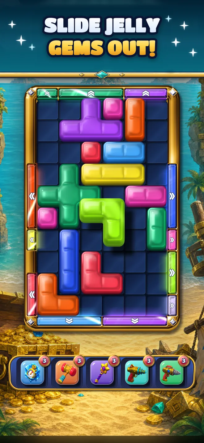 Jelly gem blocks sliding toward the gates of their color on a Treasure Isles board.