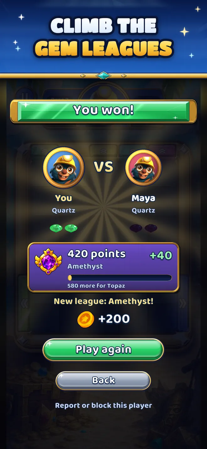 A Ranked win against Maya: 420 points and a new league, Amethyst.