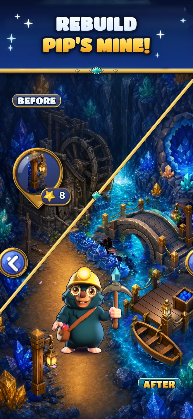 Pip's Mine before and after: a dark tunnel and the same tunnel rebuilt.