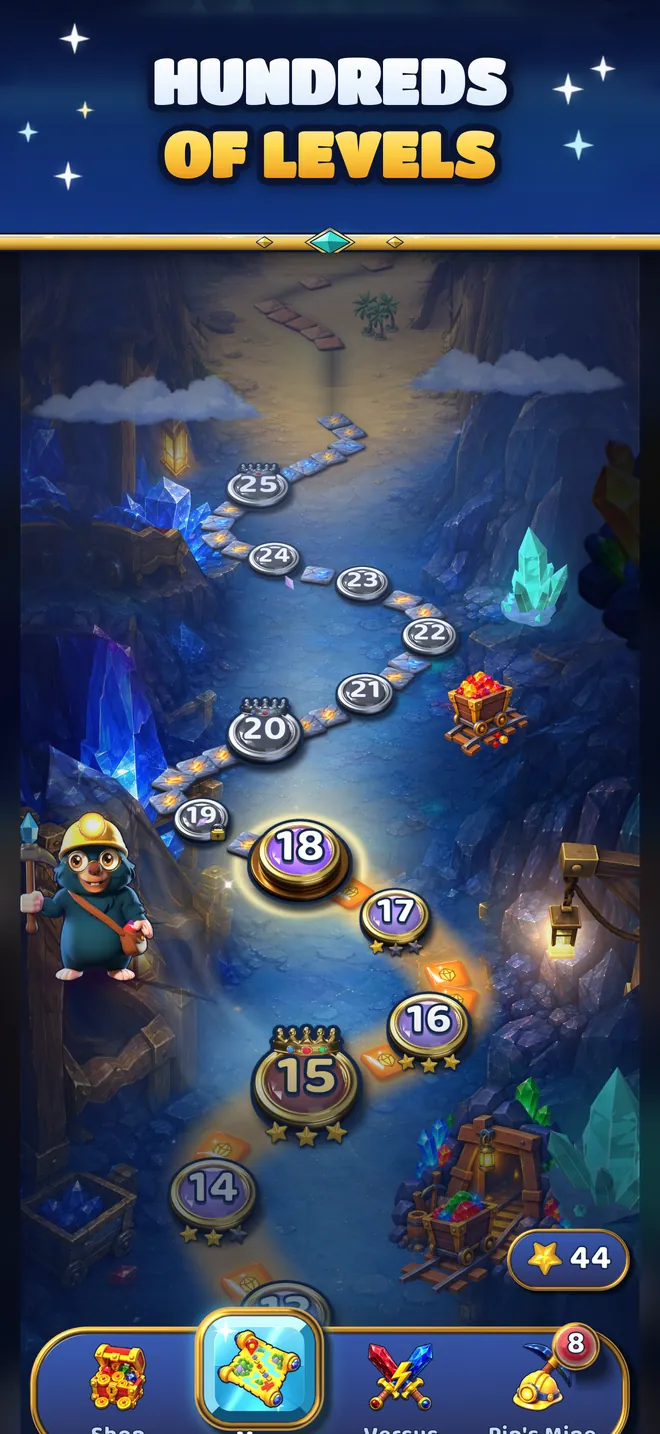 The level map with Pip on level 18 and the path winding through the Crystal Mines.