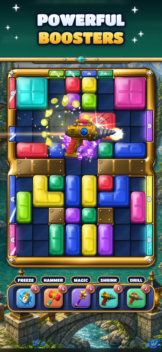 The Drill boring through a row of blocks, with Freeze, Hammer, Magic, Shrink and Drill in the tray.