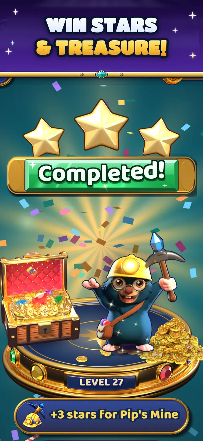 Level complete: three stars and a treasure chest full of coins.