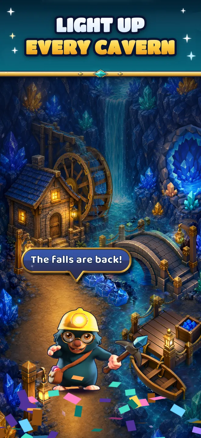 Pip in a lantern-lit cavern of the mine: The falls are back!
