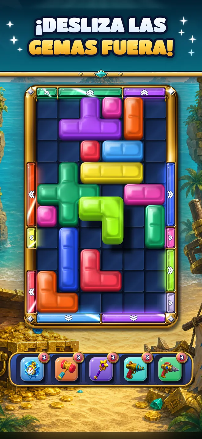 Bloques de gelatina que se deslizan hacia las puertas de su color en un tablero de las Islas del Tesoro.