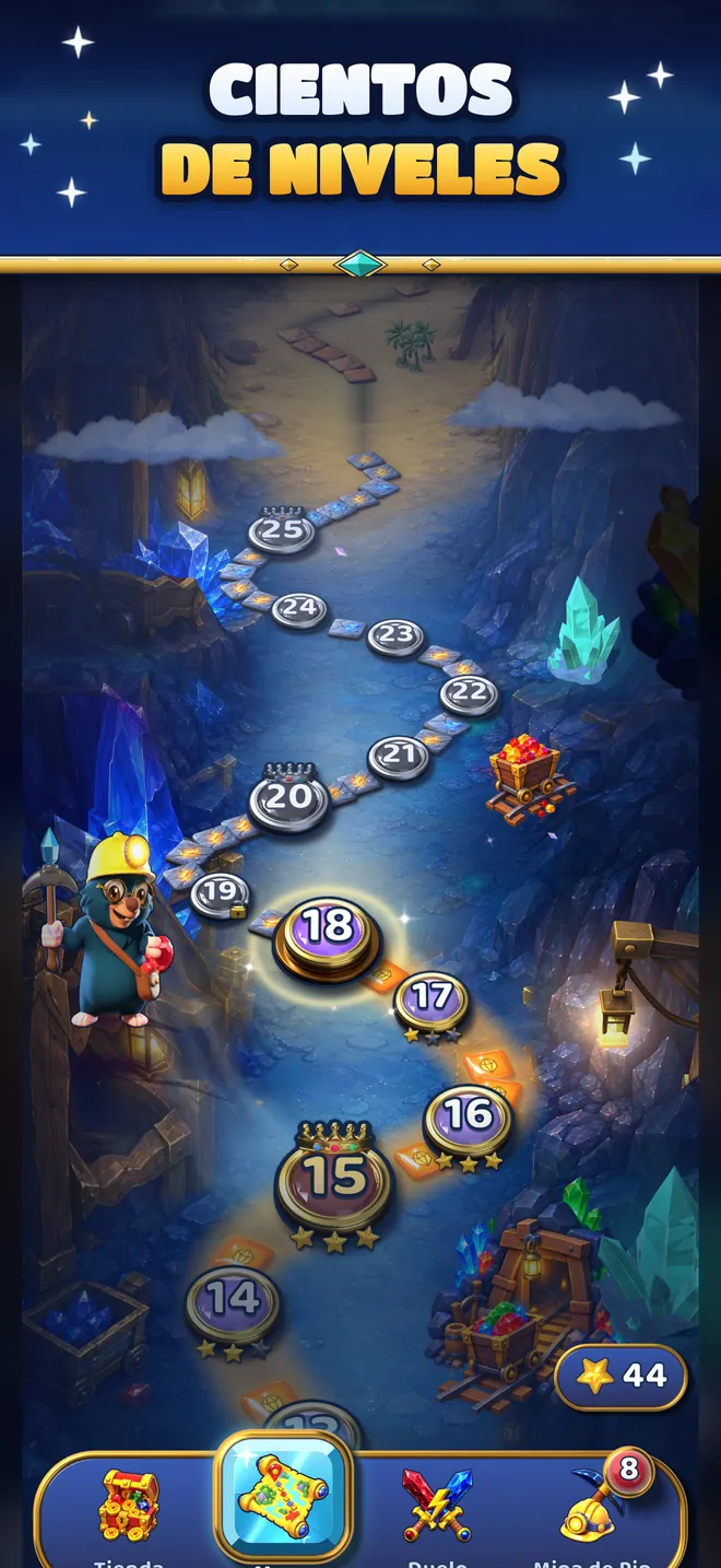 El mapa de niveles con Pip en el nivel 18 y el camino por las Minas de Cristal.