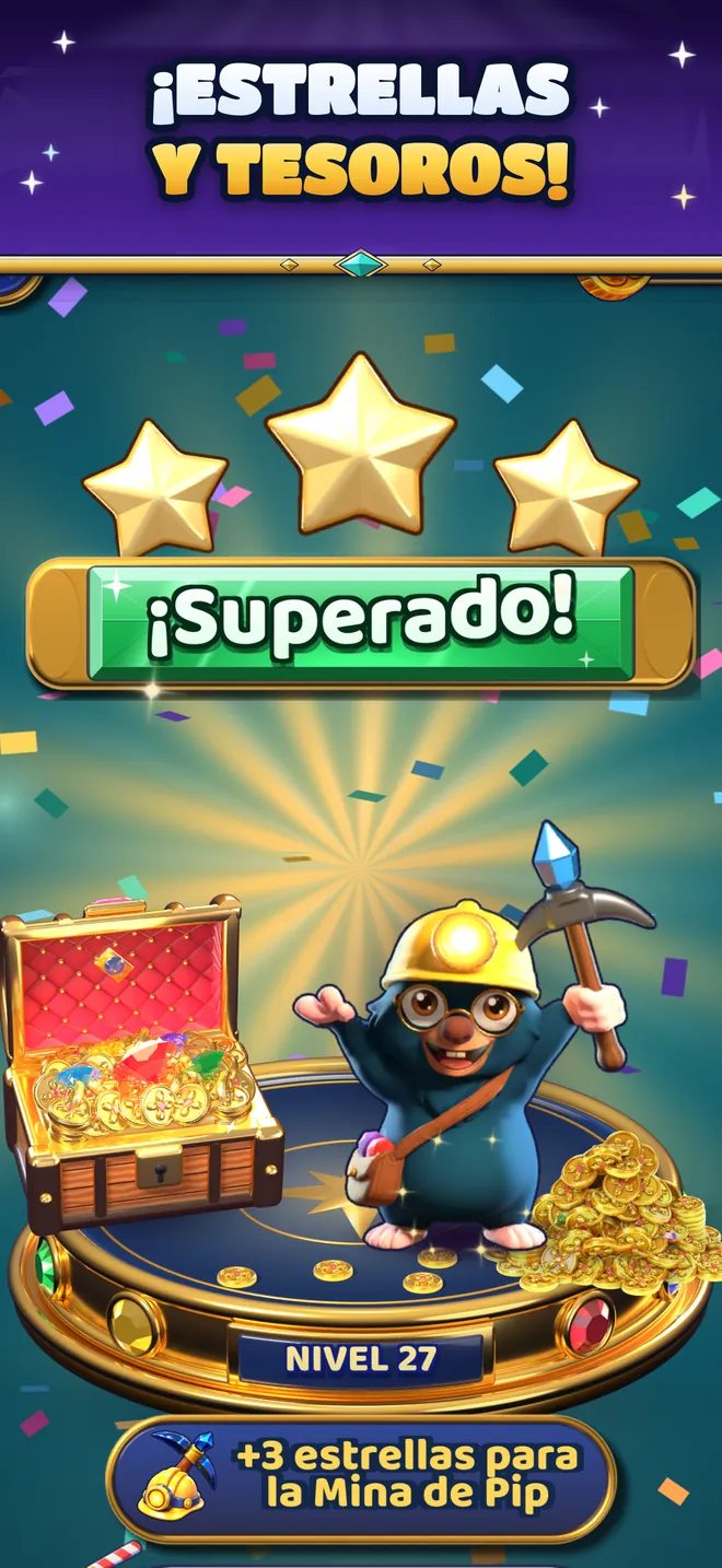 Nivel superado: tres estrellas y un cofre del tesoro lleno de monedas.