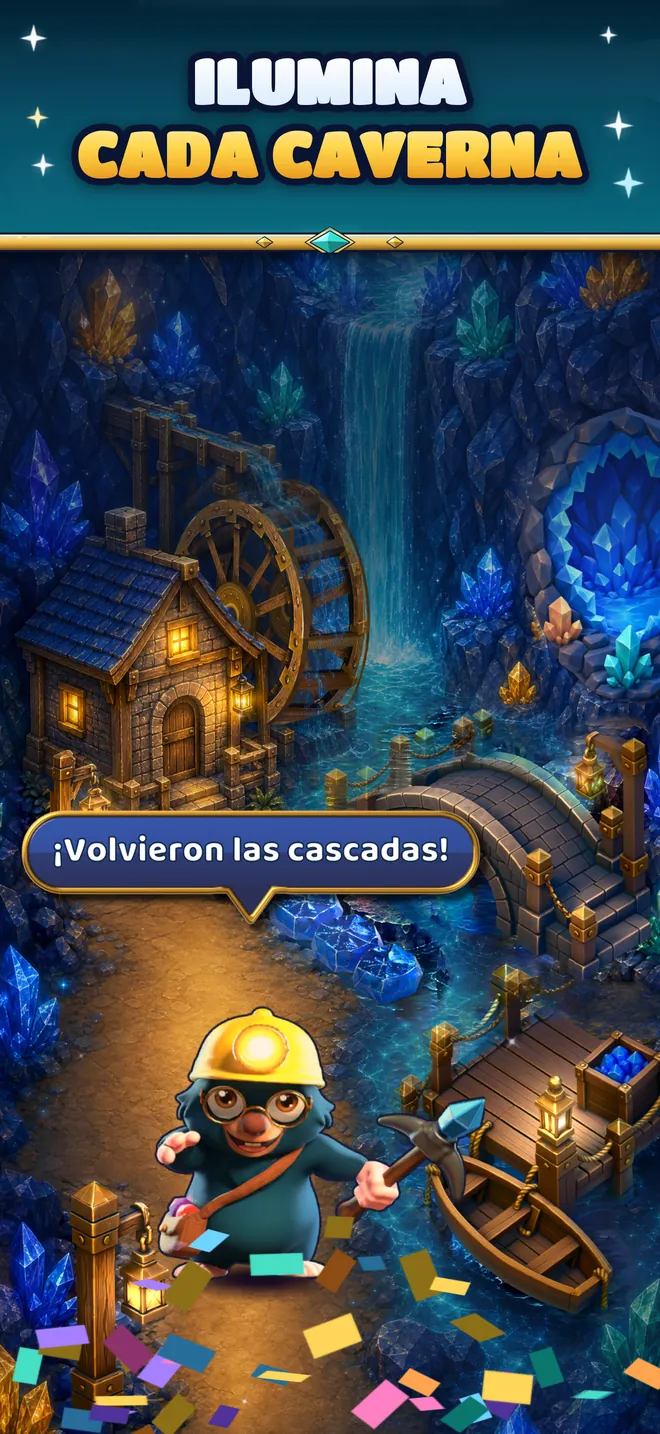 Pip en una caverna de la mina iluminada con faroles: ¡Volvieron las cascadas!