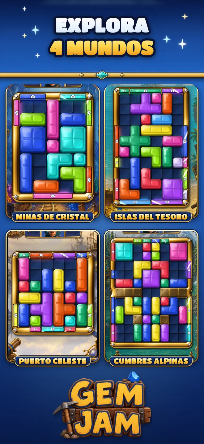 Tableros de las Minas de Cristal, las Islas del Tesoro, Puerto Celeste y las Cumbres Alpinas.