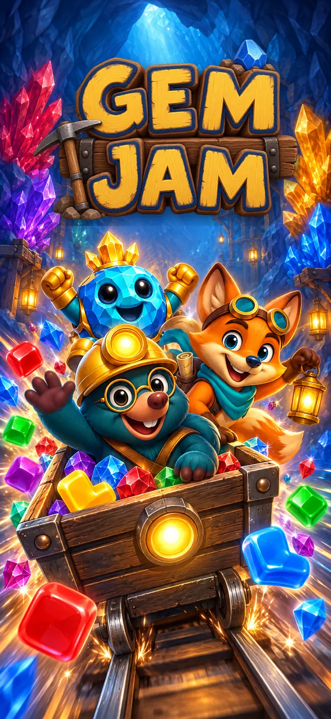 Pip, Rocco och Ember åker gruvvagn full av ädelstenar genom en kristallgrotta, under Gem Jams logotyp.