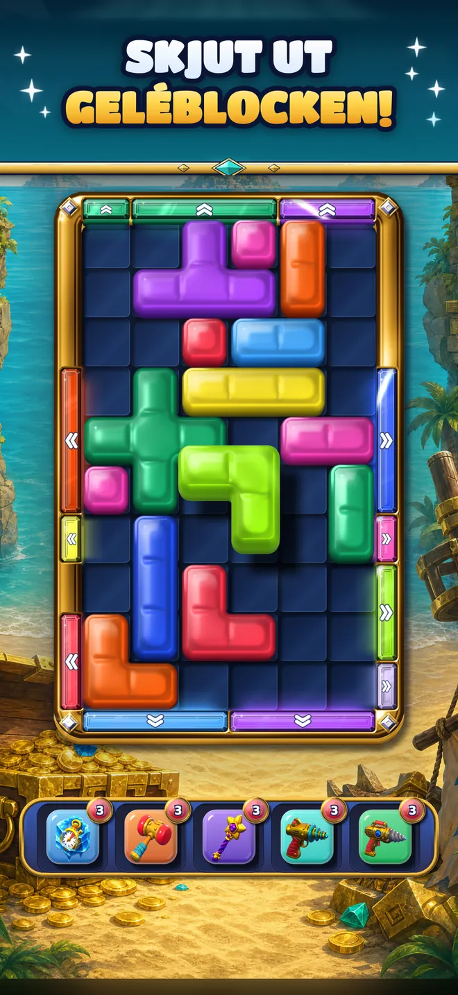 Geléblock som glider mot portarna i sin färg på en spelplan från Skattöarna.