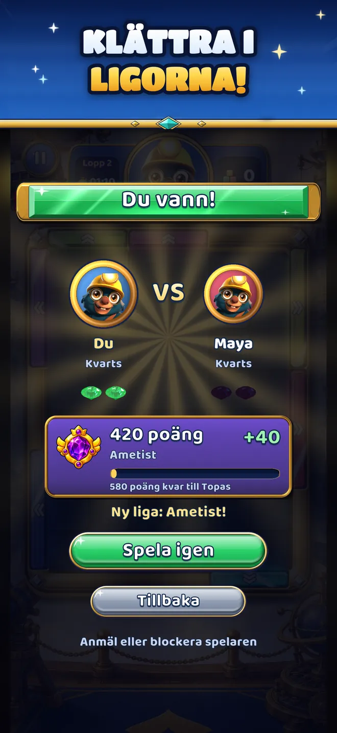 En rankad vinst mot Maya: 420 poäng och en ny liga, Ametist.
