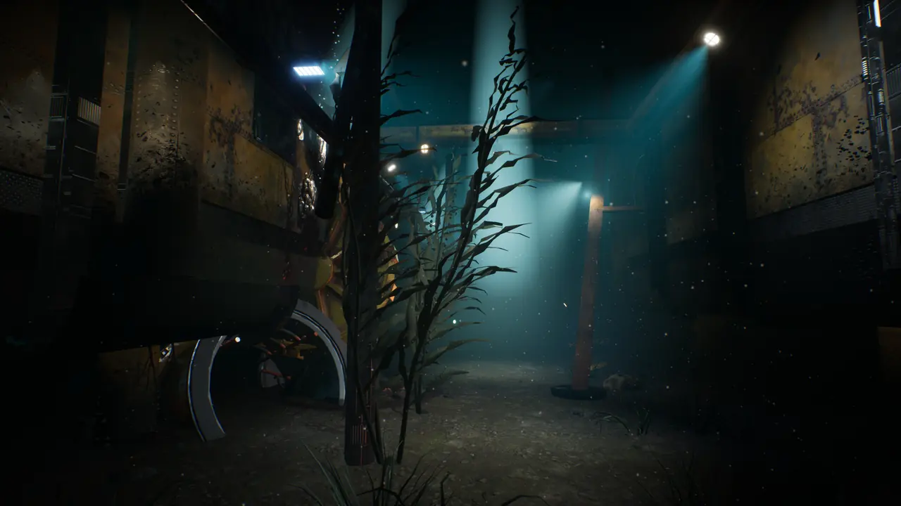 Kelp and shafts of light between the modules of Morva Station on the seabed.